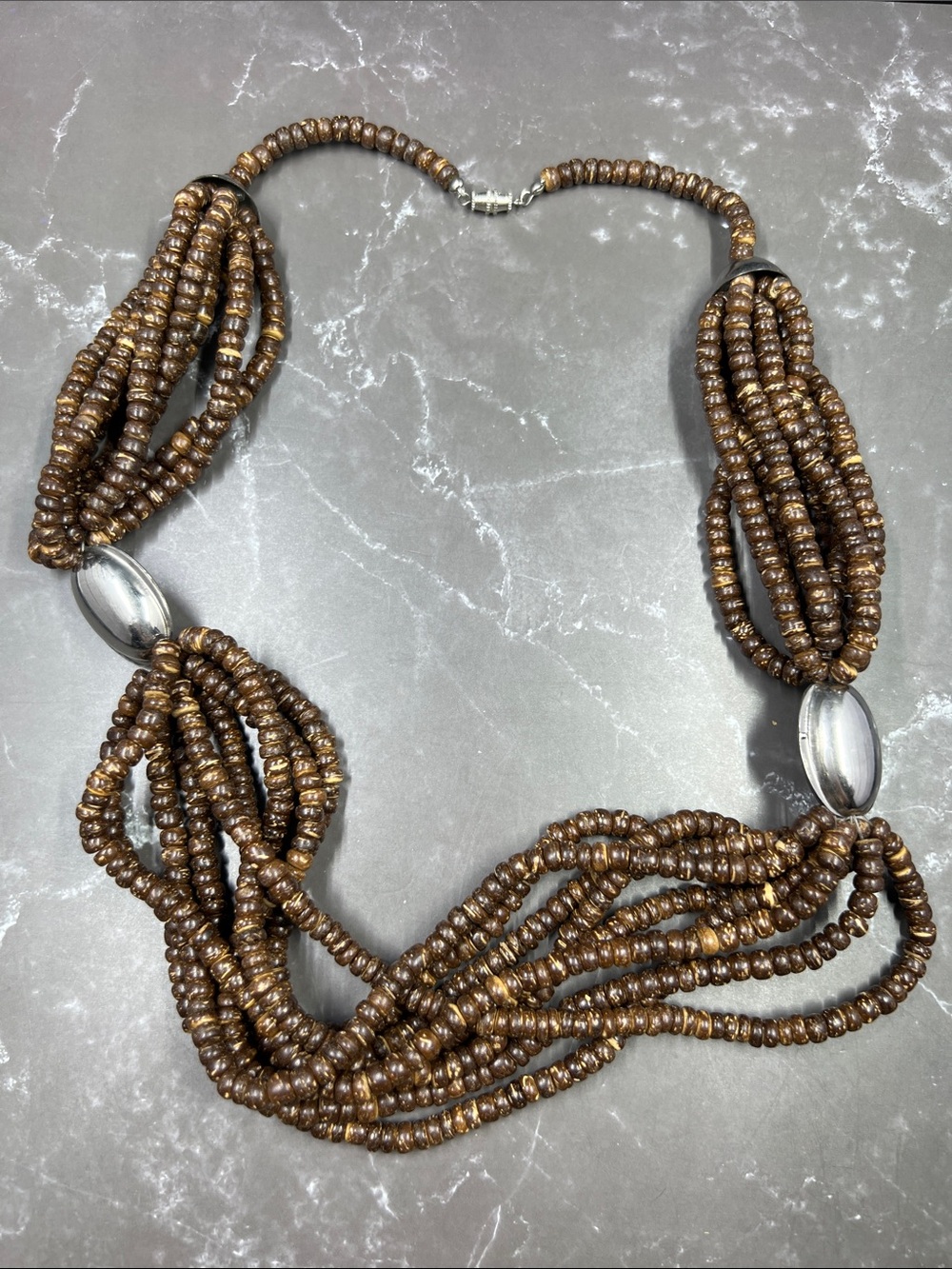 Vintage Wooden Multi-Strand Necklace w/ Silver Accents
